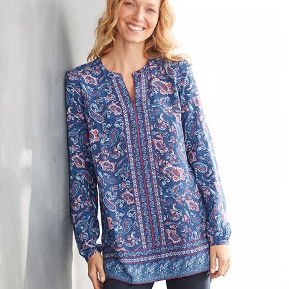 J. Jill Blue Ridge Border Print Notch Neck Tunic Size Large
